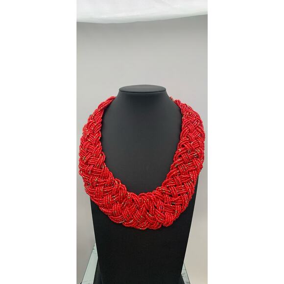 Coral Red And Iridescent Braided Seed Bead Necklace Boho Beauty - Picture 1 of 4